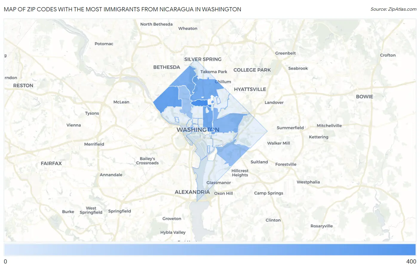 Zip Codes with the Most Immigrants from Nicaragua in Washington Map