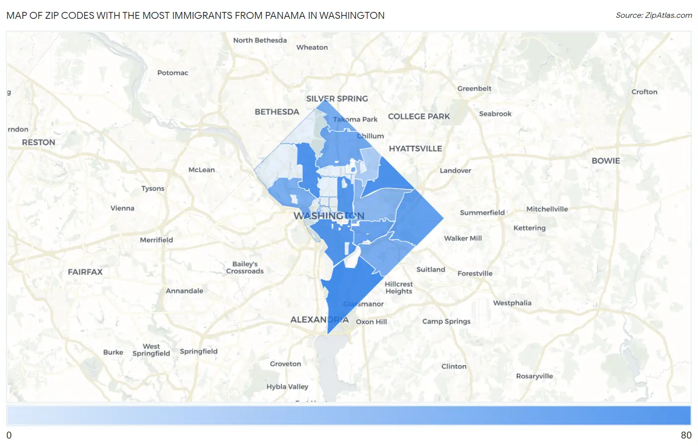Zip Codes with the Most Immigrants from Panama in Washington Map