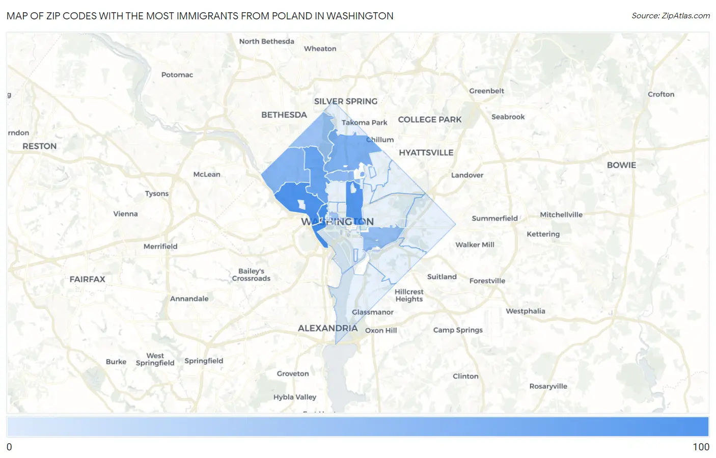 Zip Codes with the Most Immigrants from Poland in Washington Map