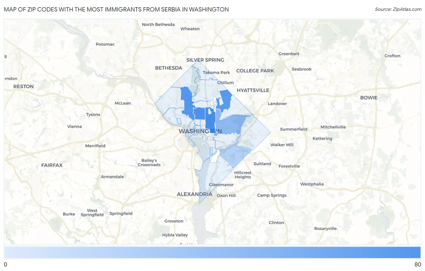 Zip Codes with the Most Immigrants from Serbia in Washington Map