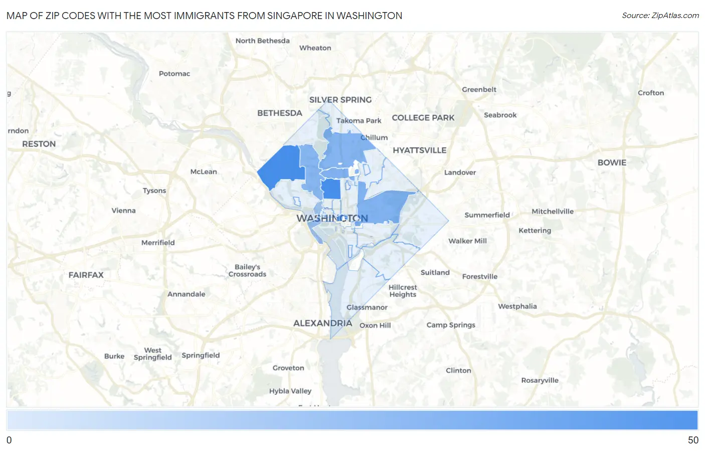 Zip Codes with the Most Immigrants from Singapore in Washington Map