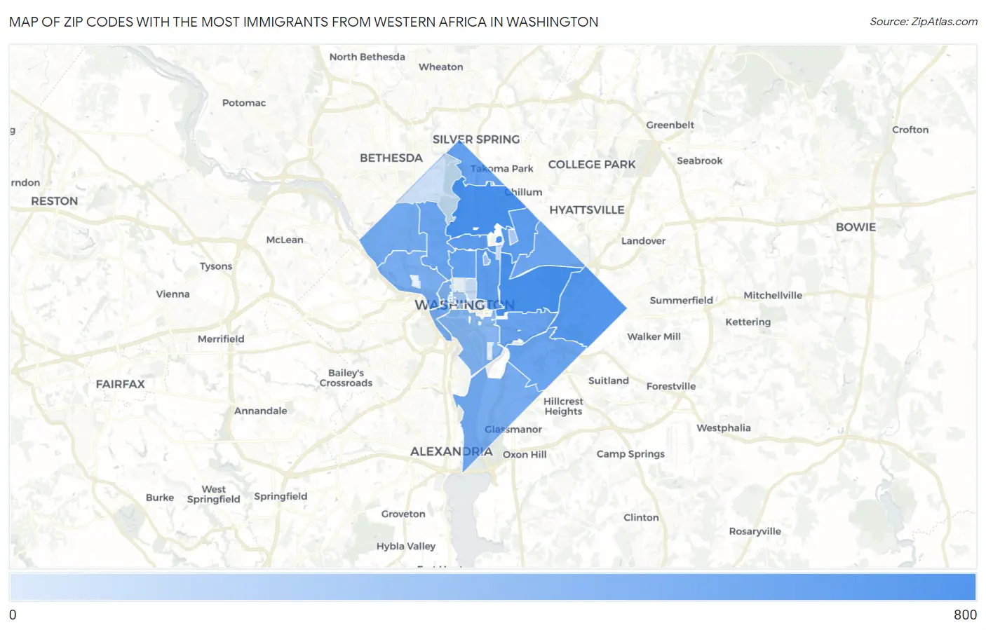 Zip Codes with the Most Immigrants from Western Africa in Washington Map