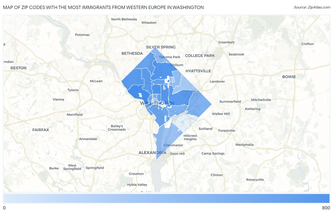 Zip Codes with the Most Immigrants from Western Europe in Washington Map