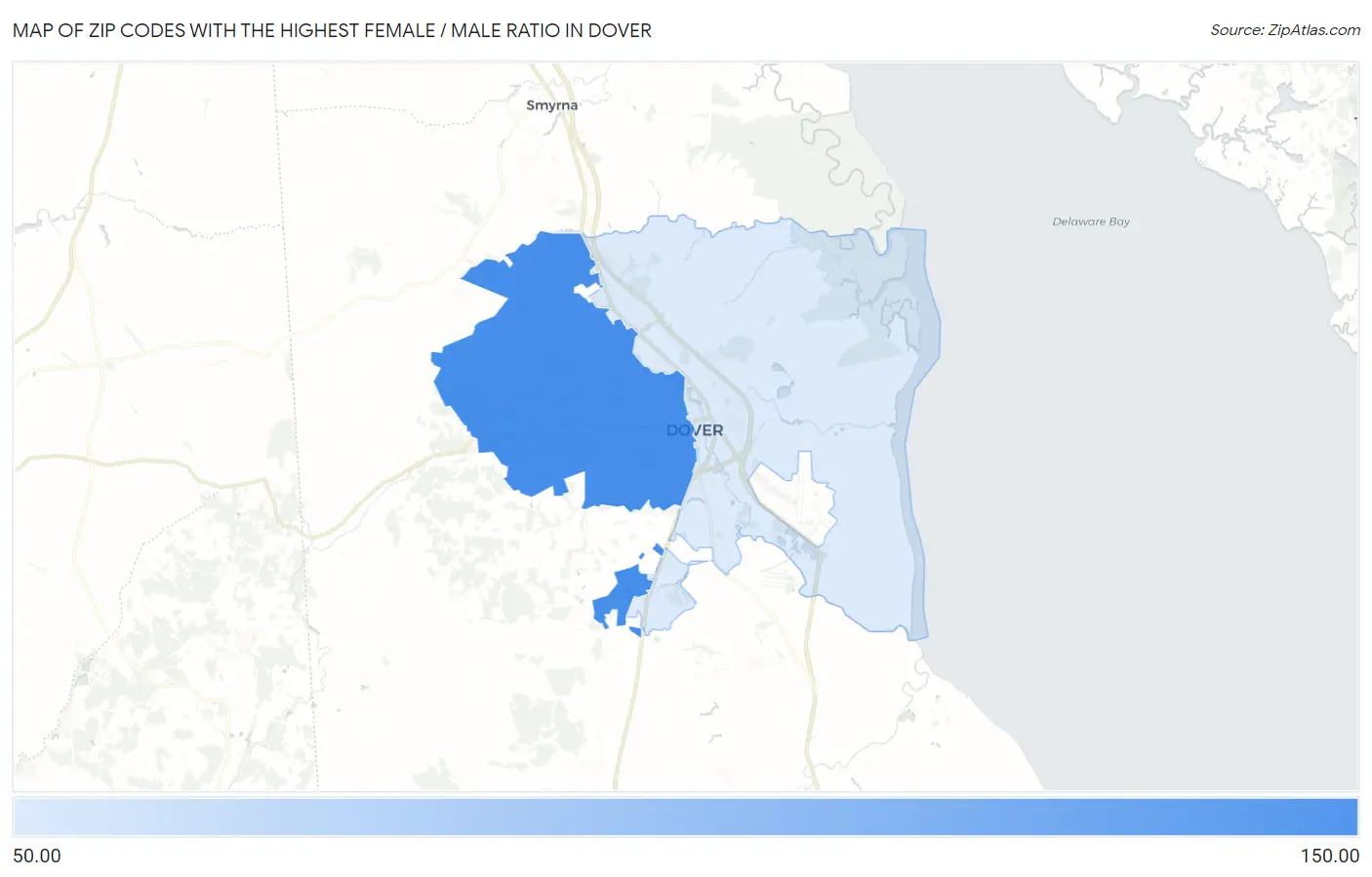 Zip Codes with the Highest Female / Male Ratio in Dover Map