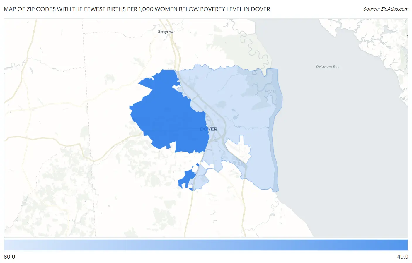 Zip Codes with the Fewest Births per 1,000 Women Below Poverty Level in Dover Map
