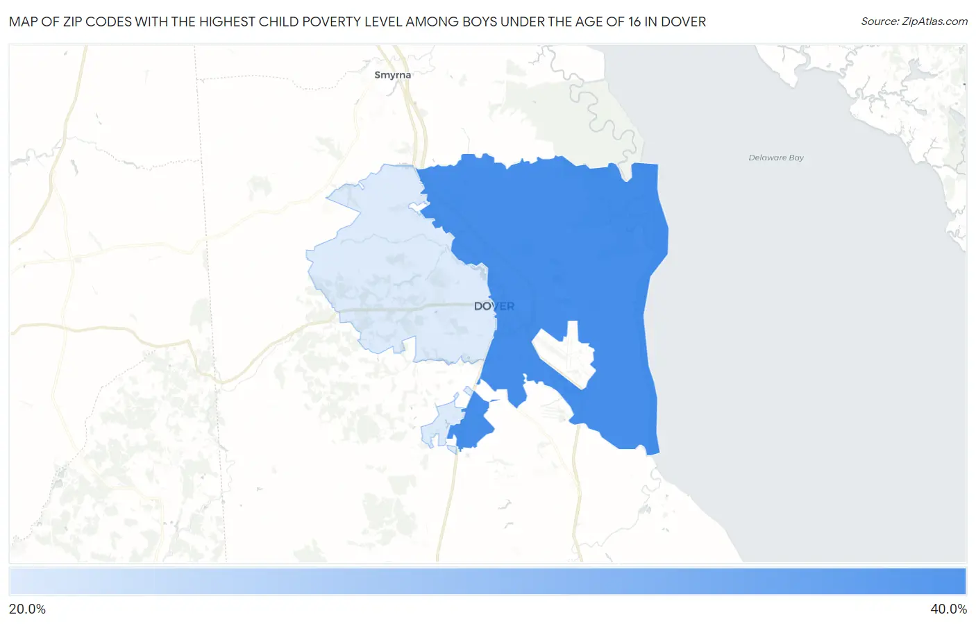 Zip Codes with the Highest Child Poverty Level Among Boys Under the Age of 16 in Dover Map