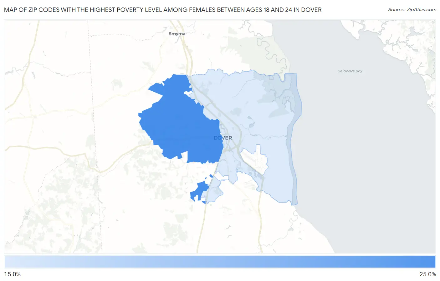 Zip Codes with the Highest Poverty Level Among Females Between Ages 18 and 24 in Dover Map