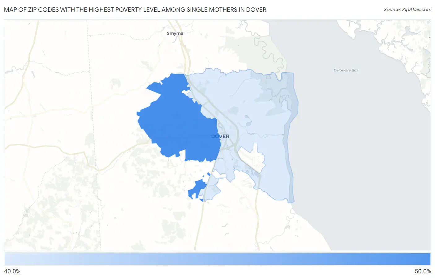 Zip Codes with the Highest Poverty Level Among Single Mothers in Dover Map
