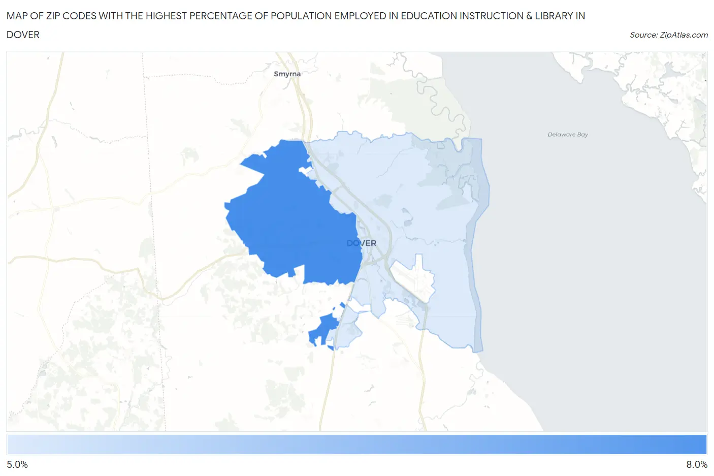 Zip Codes with the Highest Percentage of Population Employed in Education Instruction & Library in Dover Map