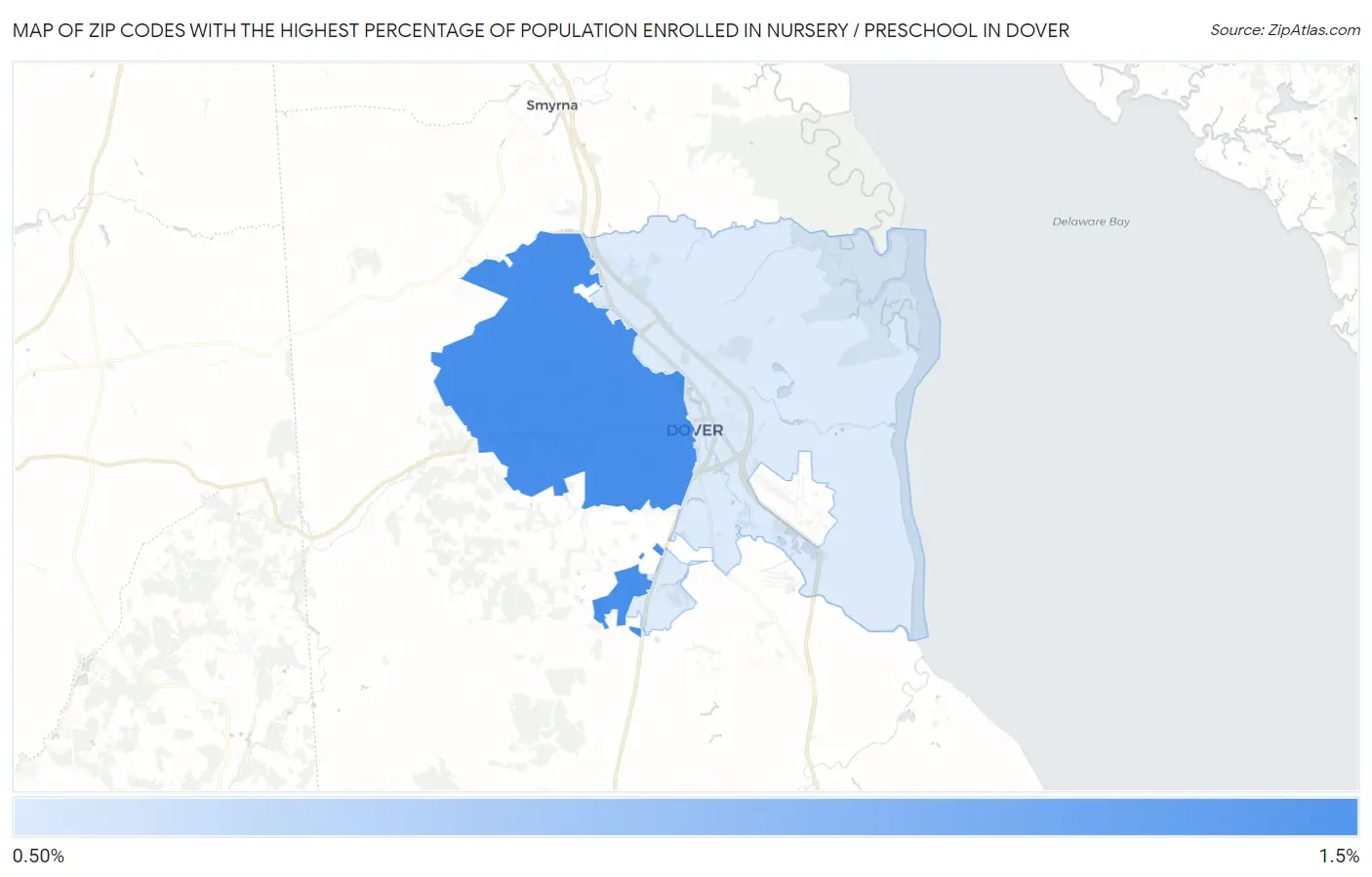 Zip Codes with the Highest Percentage of Population Enrolled in Nursery / Preschool in Dover Map