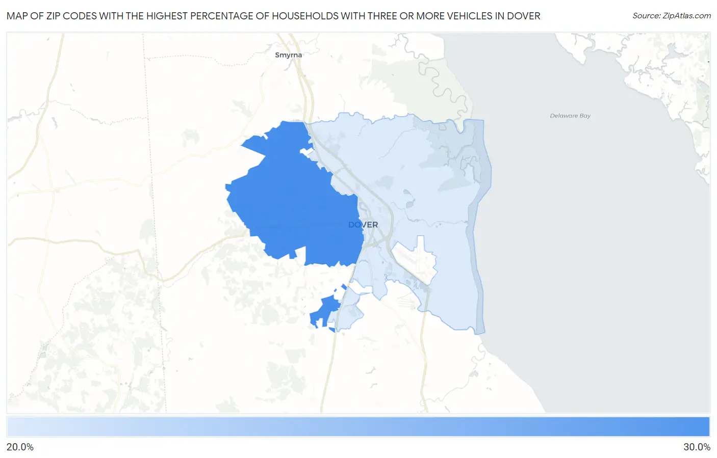 Zip Codes with the Highest Percentage of Households With Three or more Vehicles in Dover Map