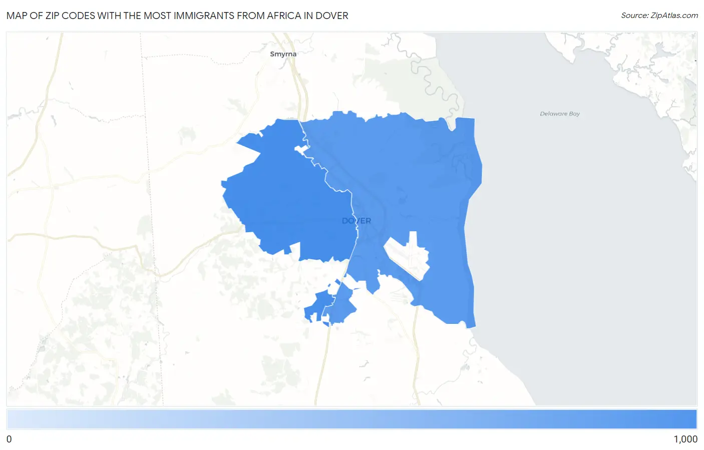Zip Codes with the Most Immigrants from Africa in Dover Map