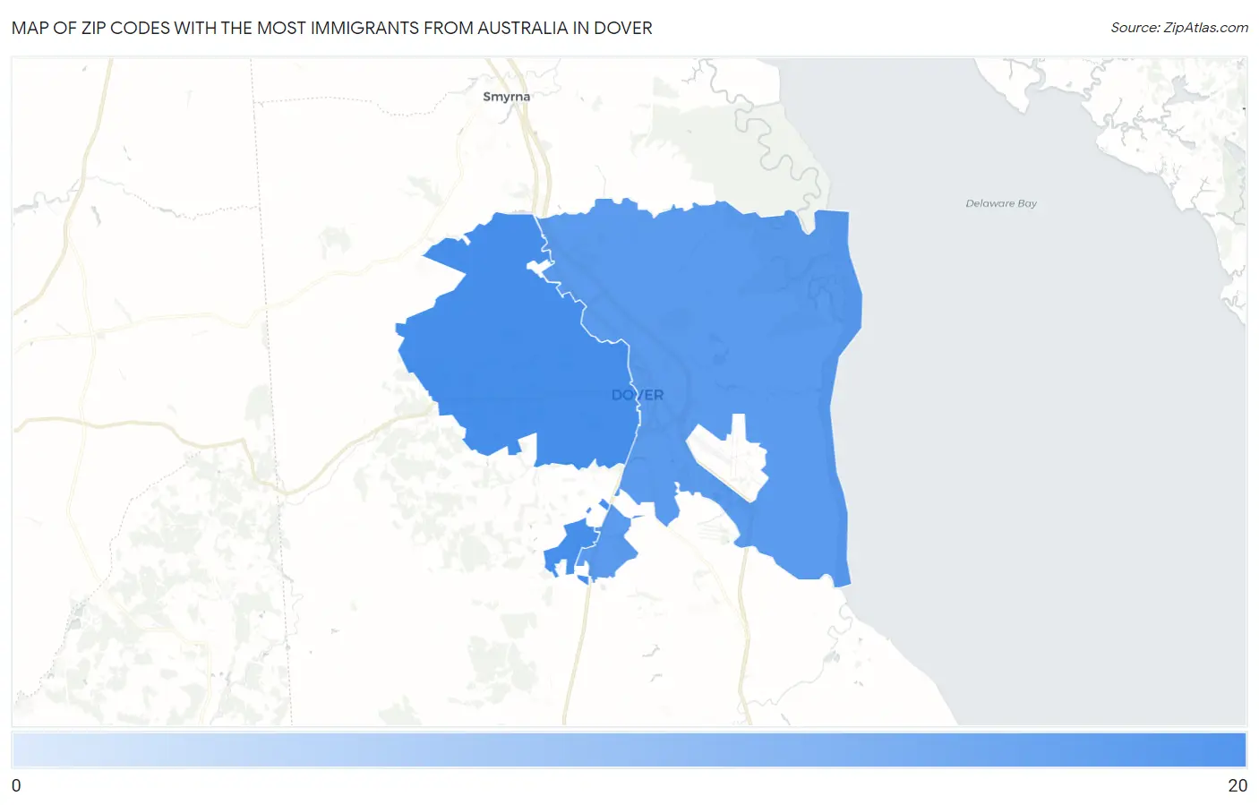 Zip Codes with the Most Immigrants from Australia in Dover Map