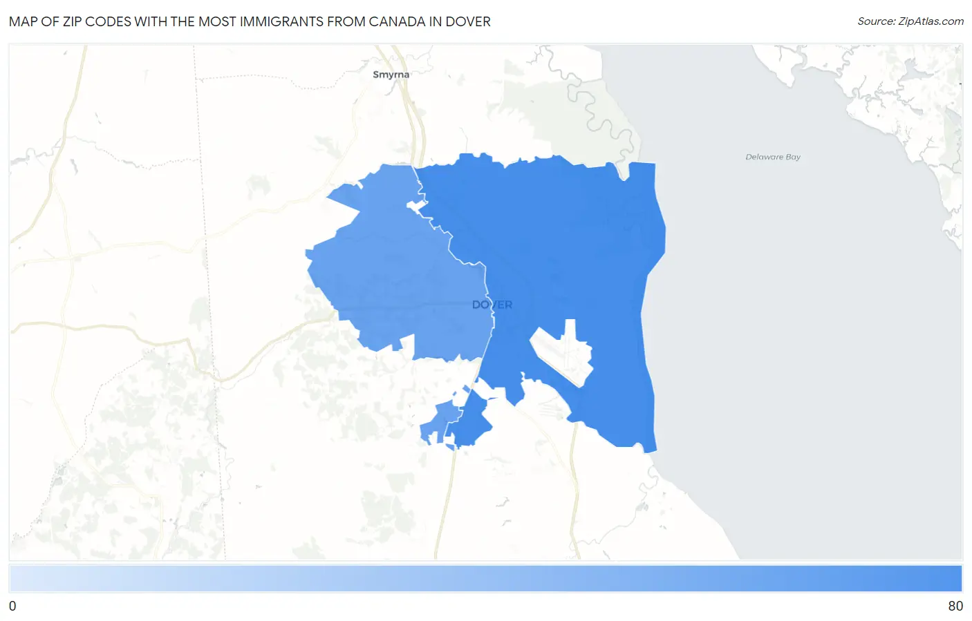 Zip Codes with the Most Immigrants from Canada in Dover Map