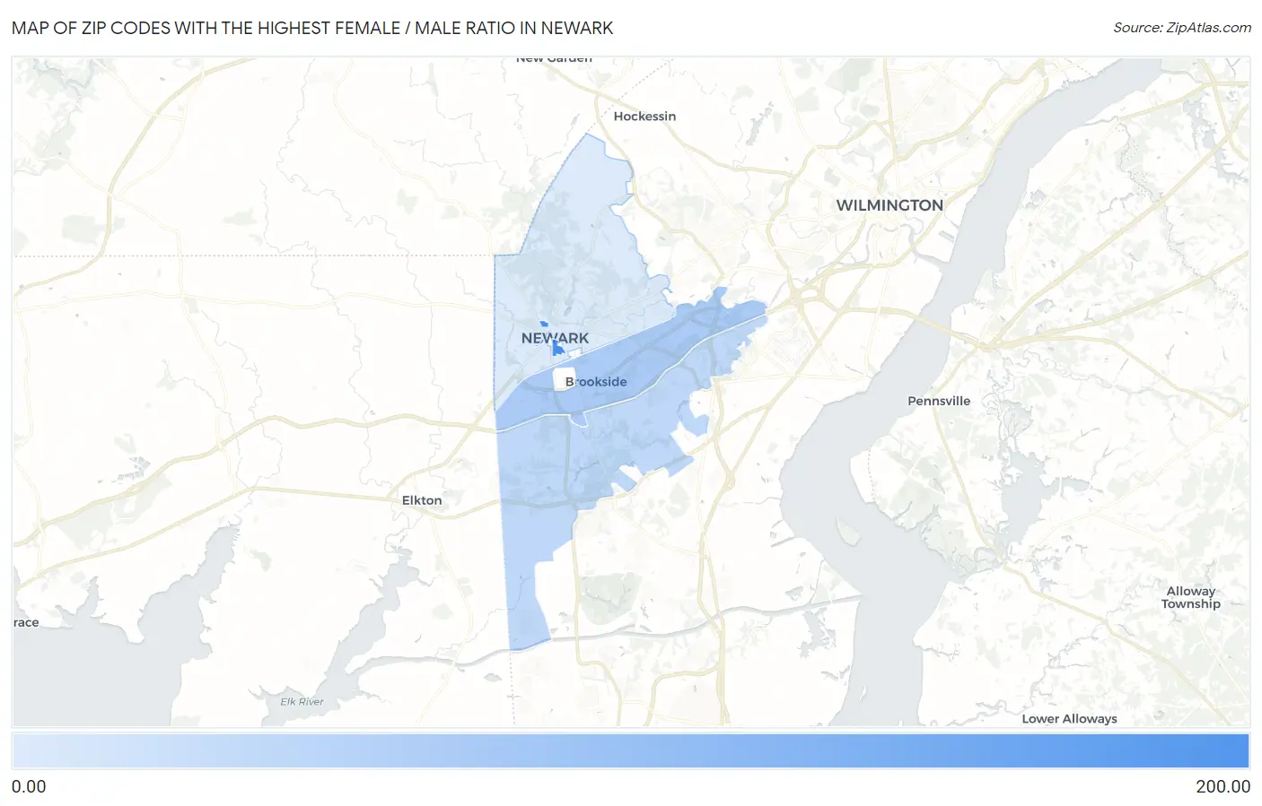 Zip Codes with the Highest Female / Male Ratio in Newark Map