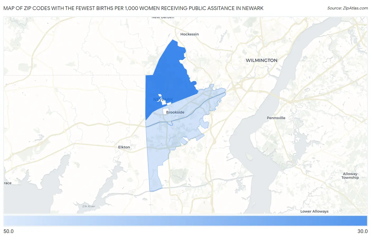 Zip Codes with the Fewest Births per 1,000 Women Receiving Public Assitance in Newark Map