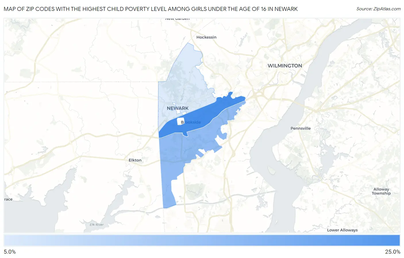 Zip Codes with the Highest Child Poverty Level Among Girls Under the Age of 16 in Newark Map