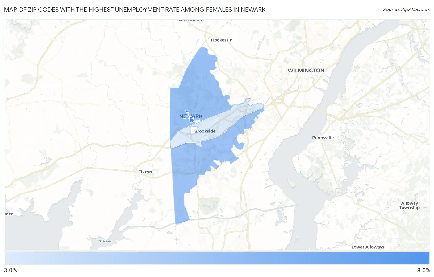 Zip Codes with the Highest Unemployment Rate Among Females in Newark Map