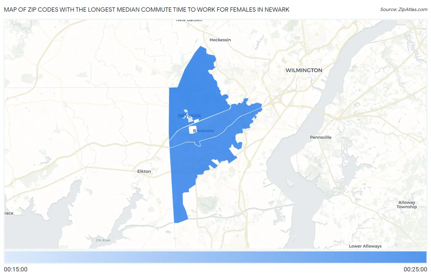 Zip Codes with the Longest Median Commute Time to Work for Females in Newark Map