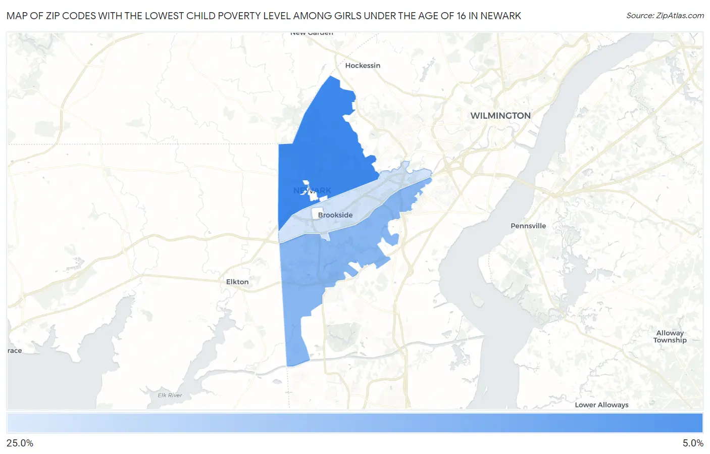 Zip Codes with the Lowest Child Poverty Level Among Girls Under the Age of 16 in Newark Map