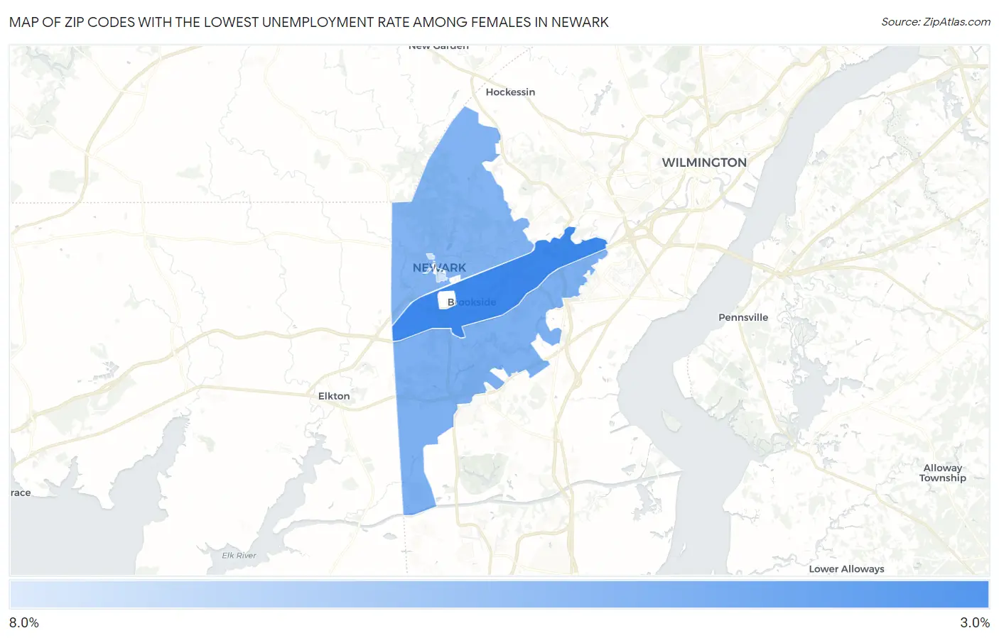 Zip Codes with the Lowest Unemployment Rate Among Females in Newark Map