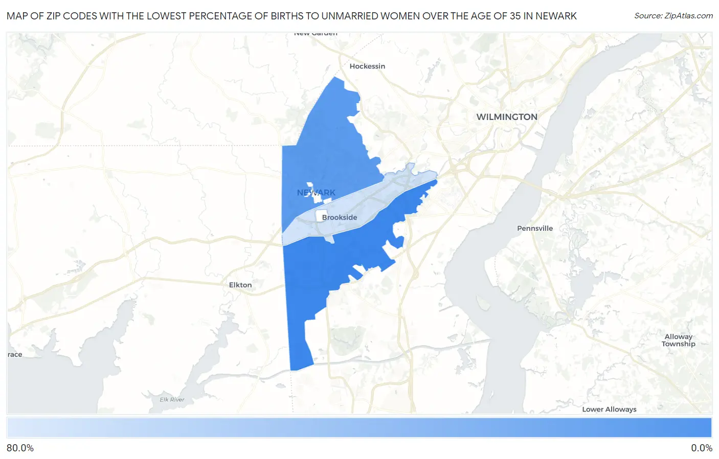 Zip Codes with the Lowest Percentage of Births to Unmarried Women over the Age of 35 in Newark Map