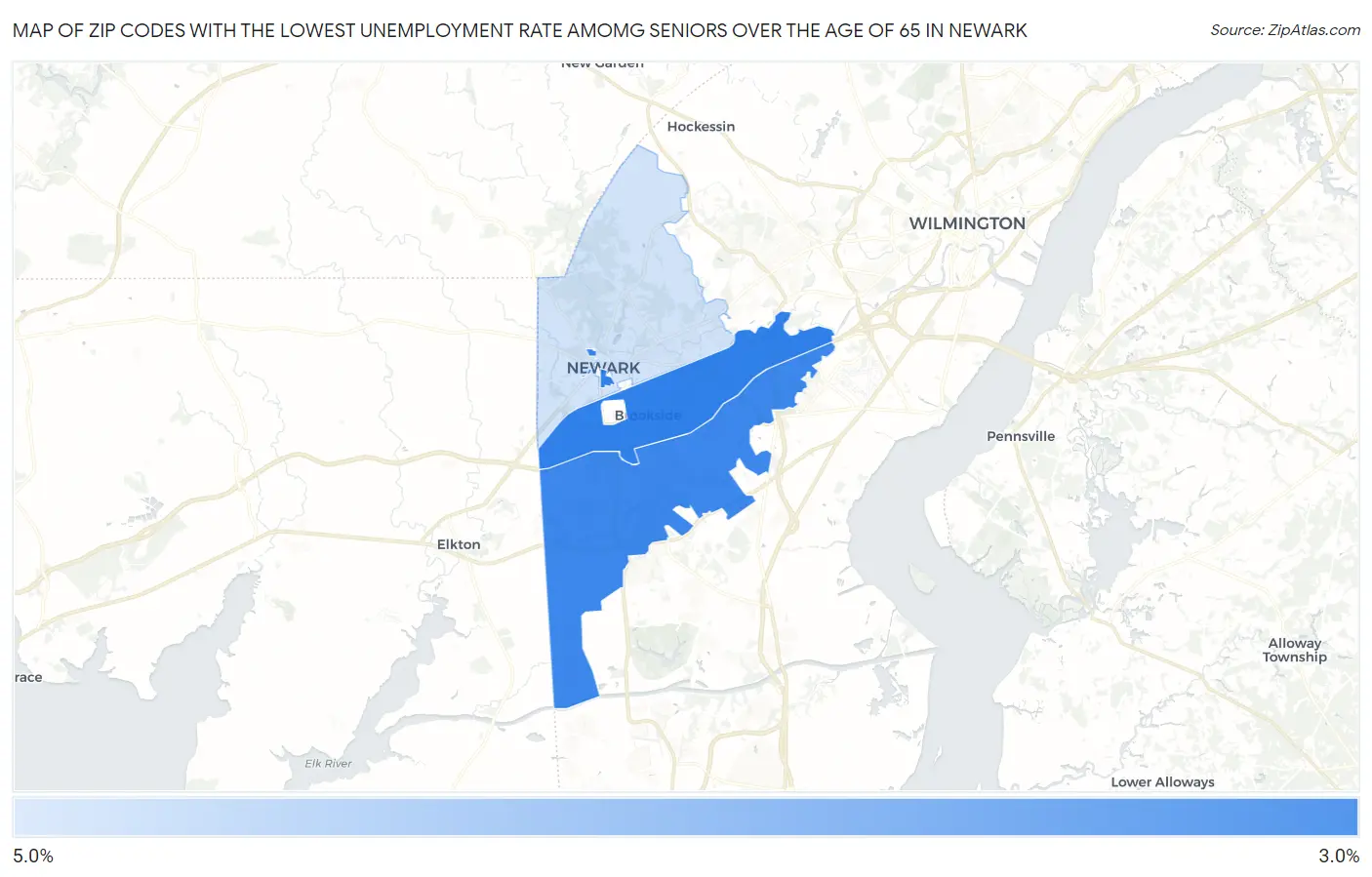 Zip Codes with the Lowest Unemployment Rate Amomg Seniors Over the Age of 65 in Newark Map