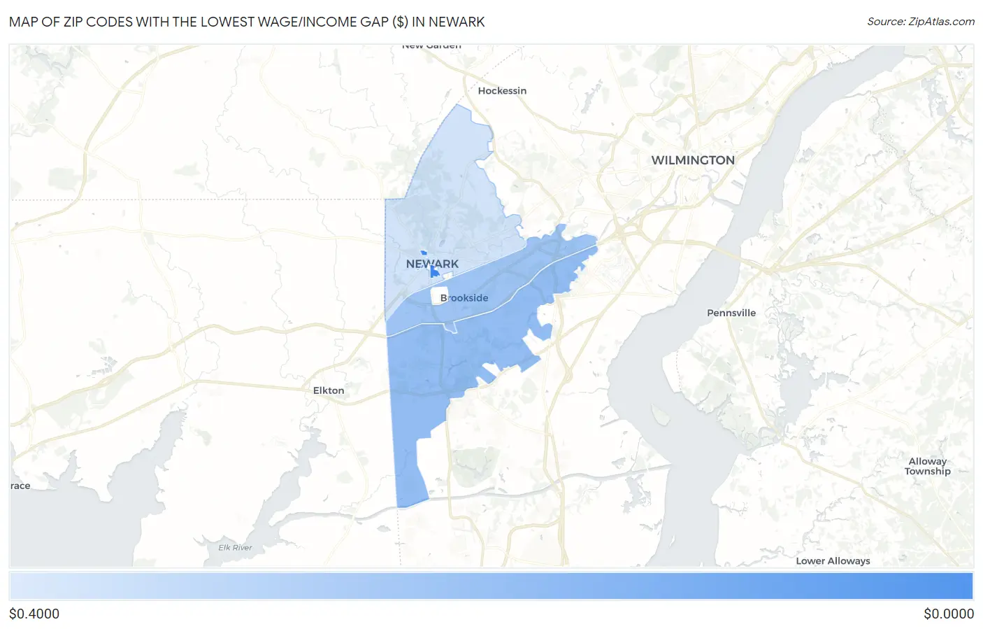Zip Codes with the Lowest Wage/Income Gap ($) in Newark Map