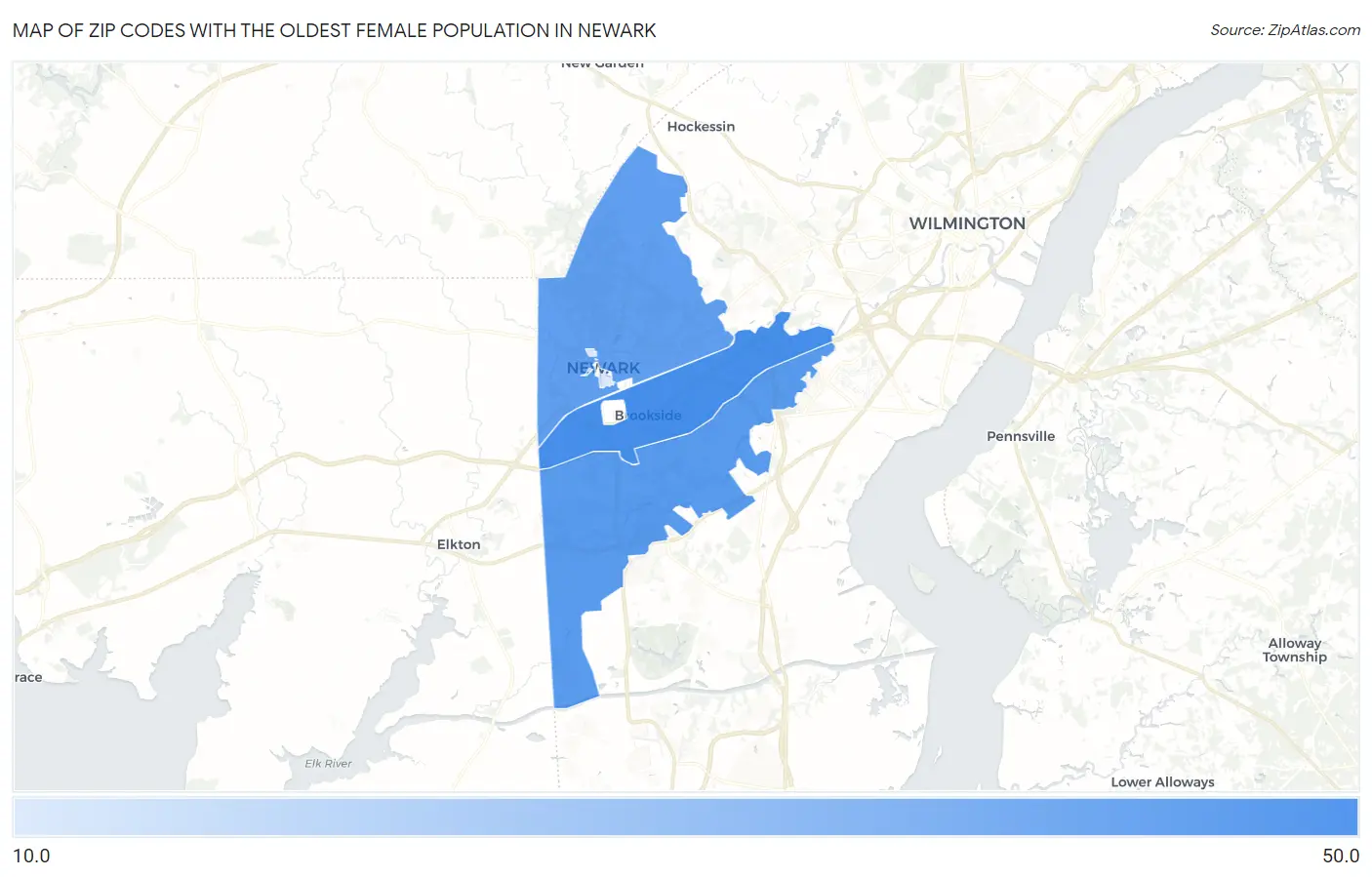 Zip Codes with the Oldest Female Population in Newark Map