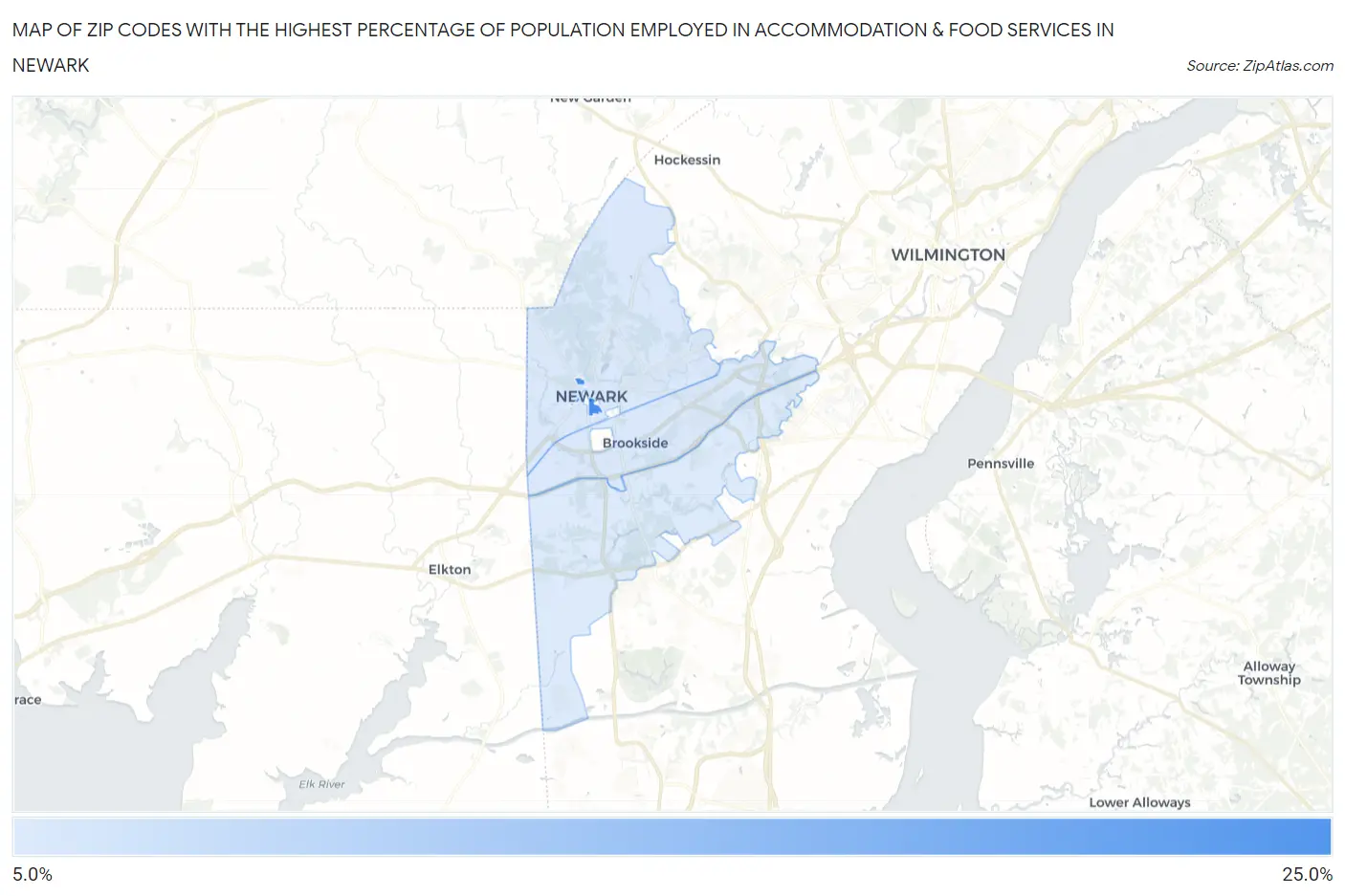 Zip Codes with the Highest Percentage of Population Employed in Accommodation & Food Services in Newark Map
