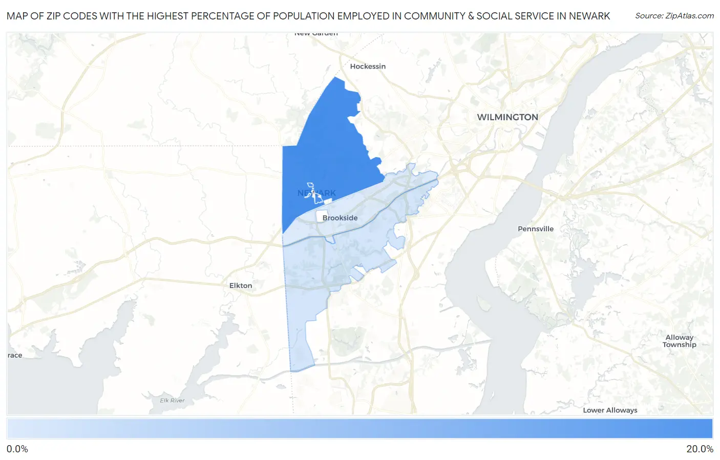 Zip Codes with the Highest Percentage of Population Employed in Community & Social Service  in Newark Map