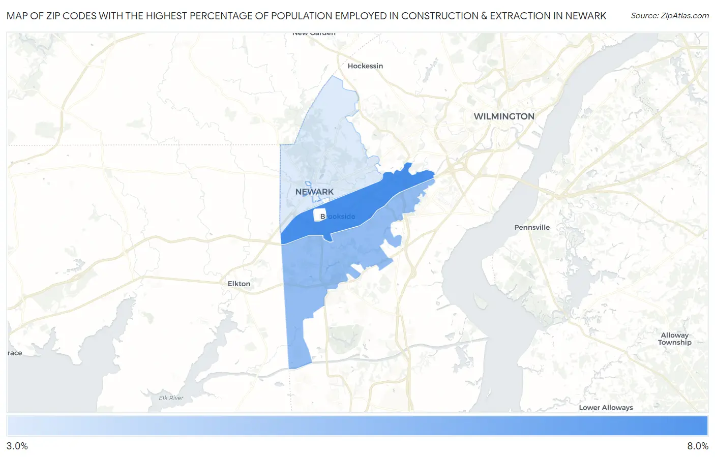 Zip Codes with the Highest Percentage of Population Employed in Construction & Extraction in Newark Map