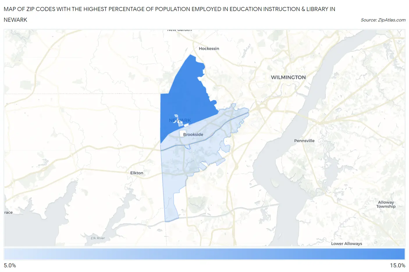 Zip Codes with the Highest Percentage of Population Employed in Education Instruction & Library in Newark Map