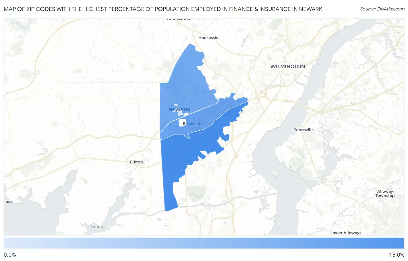 Zip Codes with the Highest Percentage of Population Employed in Finance & Insurance in Newark Map