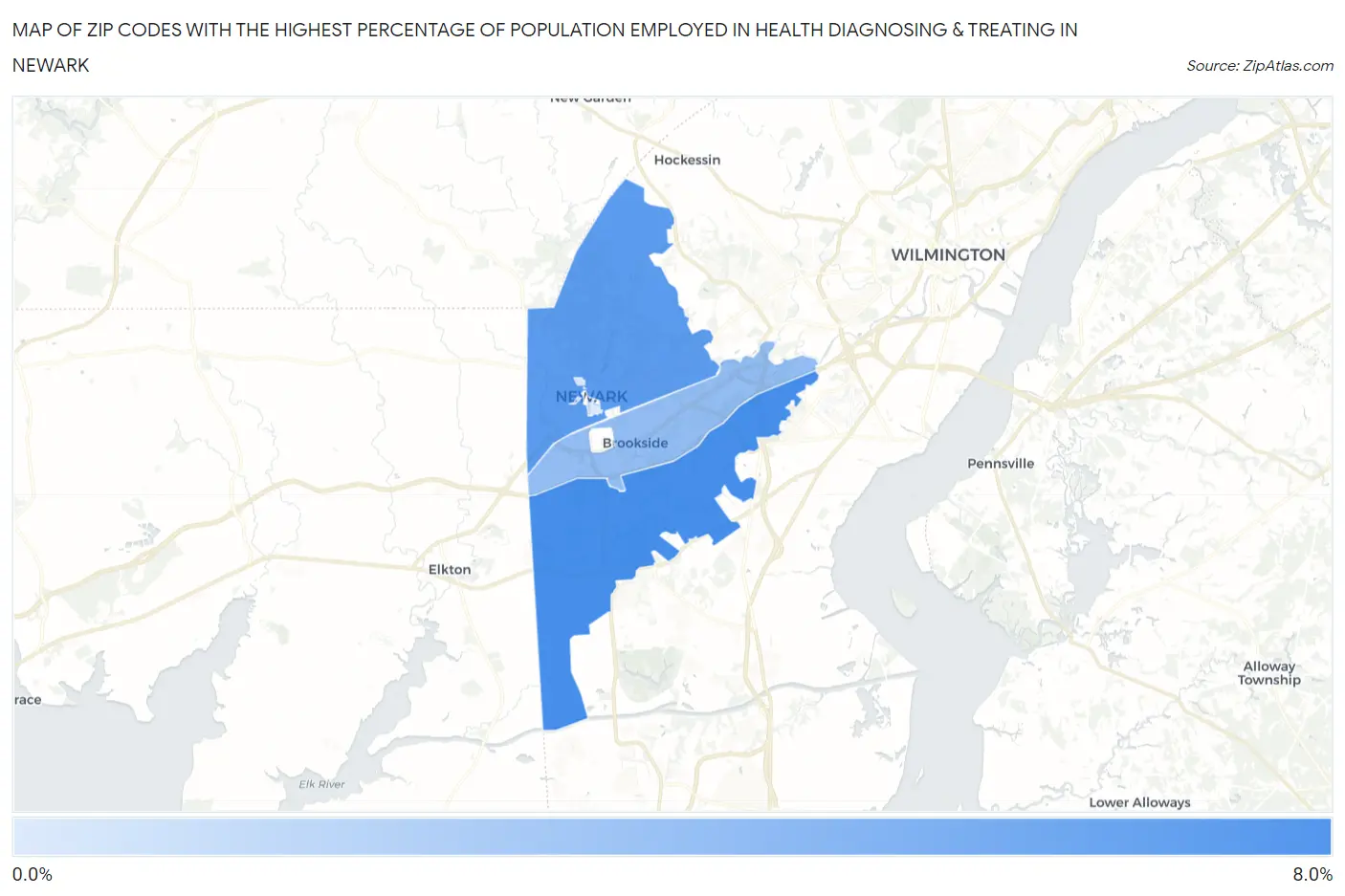 Zip Codes with the Highest Percentage of Population Employed in Health Diagnosing & Treating in Newark Map