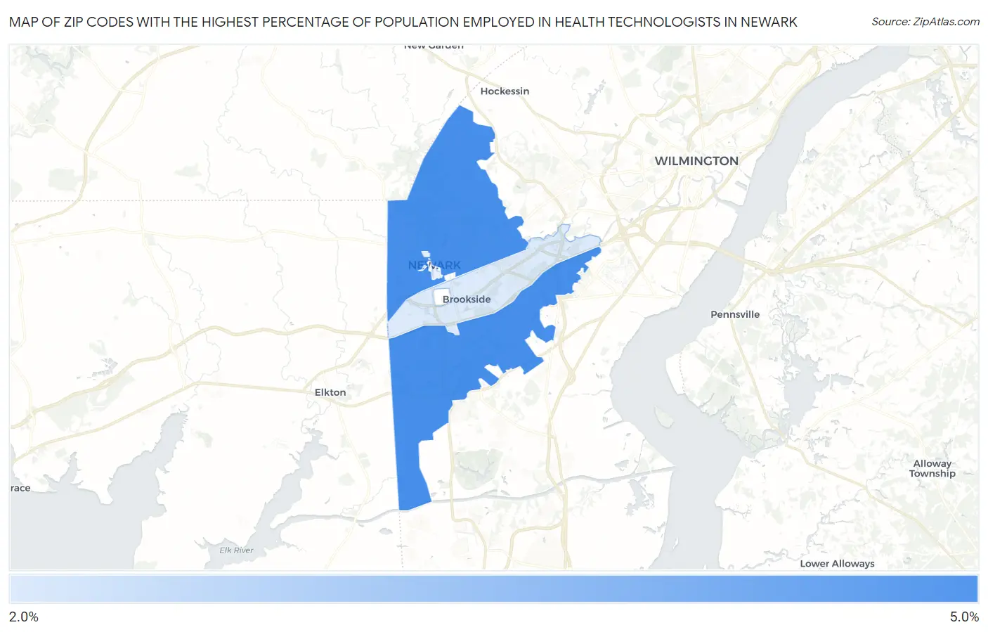 Zip Codes with the Highest Percentage of Population Employed in Health Technologists in Newark Map