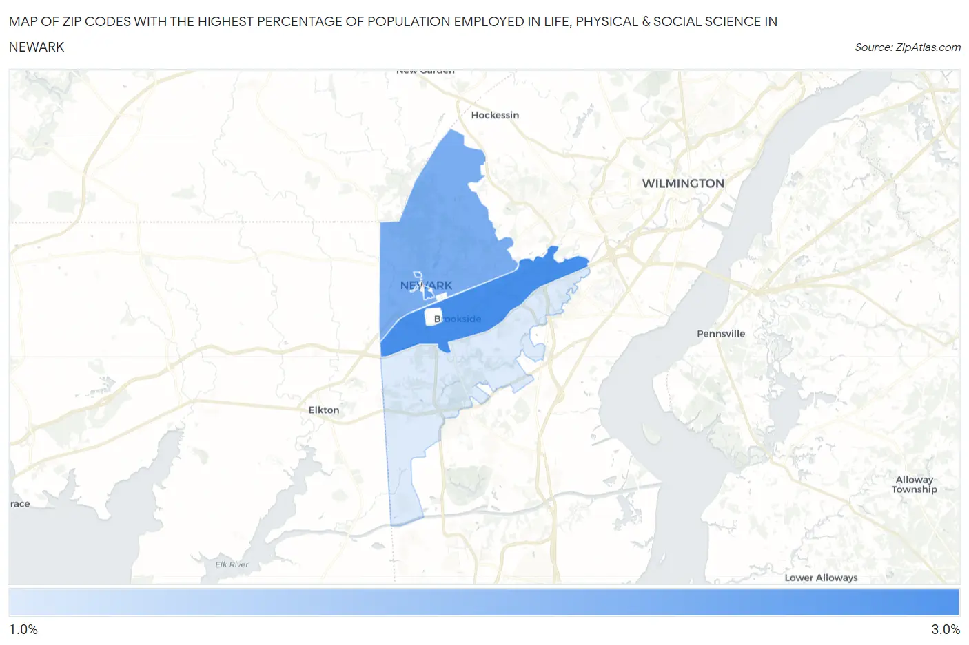 Zip Codes with the Highest Percentage of Population Employed in Life, Physical & Social Science in Newark Map