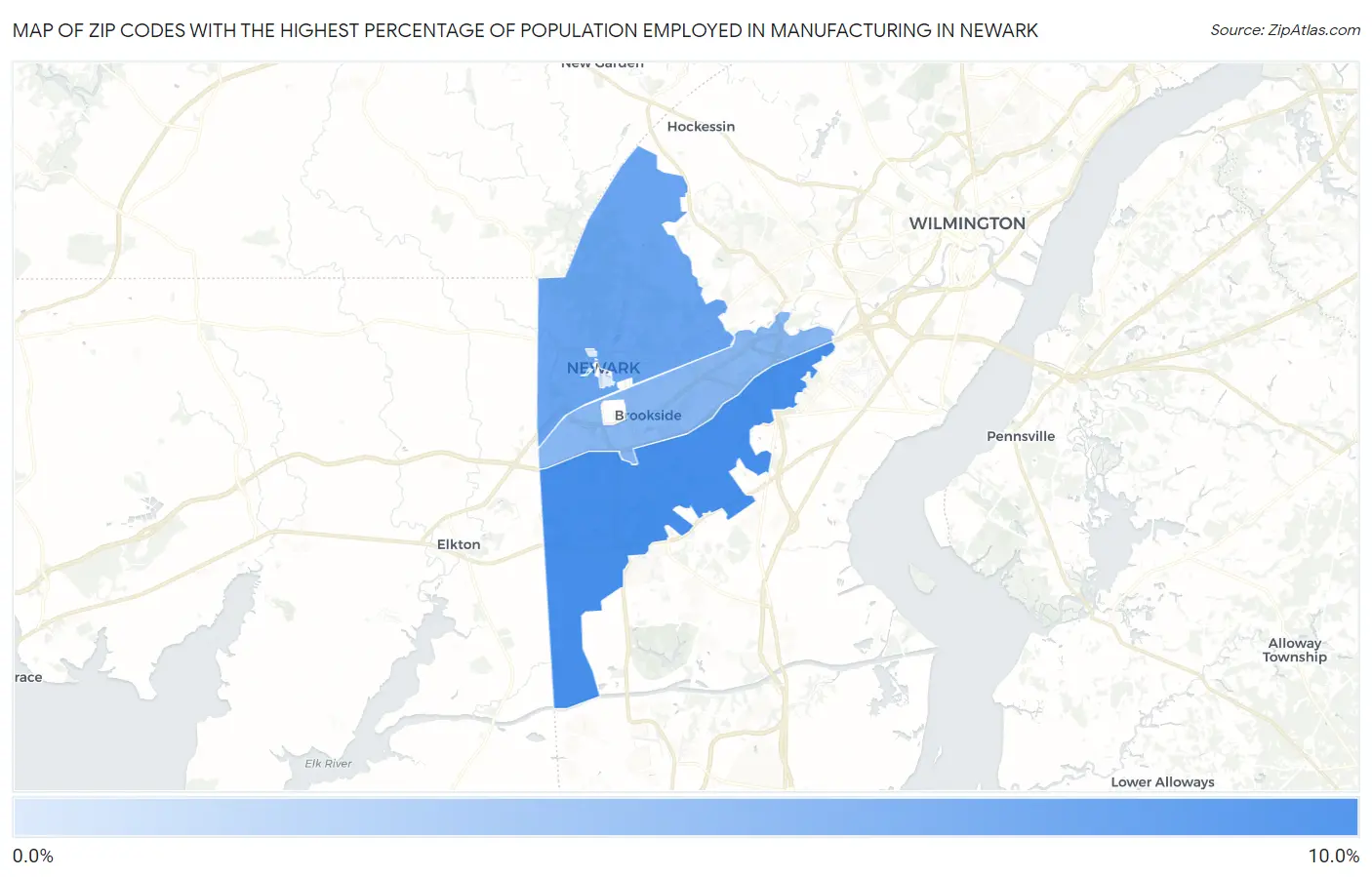 Zip Codes with the Highest Percentage of Population Employed in Manufacturing in Newark Map