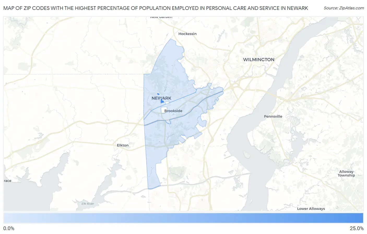 Zip Codes with the Highest Percentage of Population Employed in Personal Care and Service in Newark Map