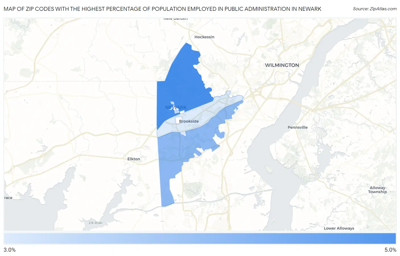Zip Codes with the Highest Percentage of Population Employed in Public Administration in Newark Map