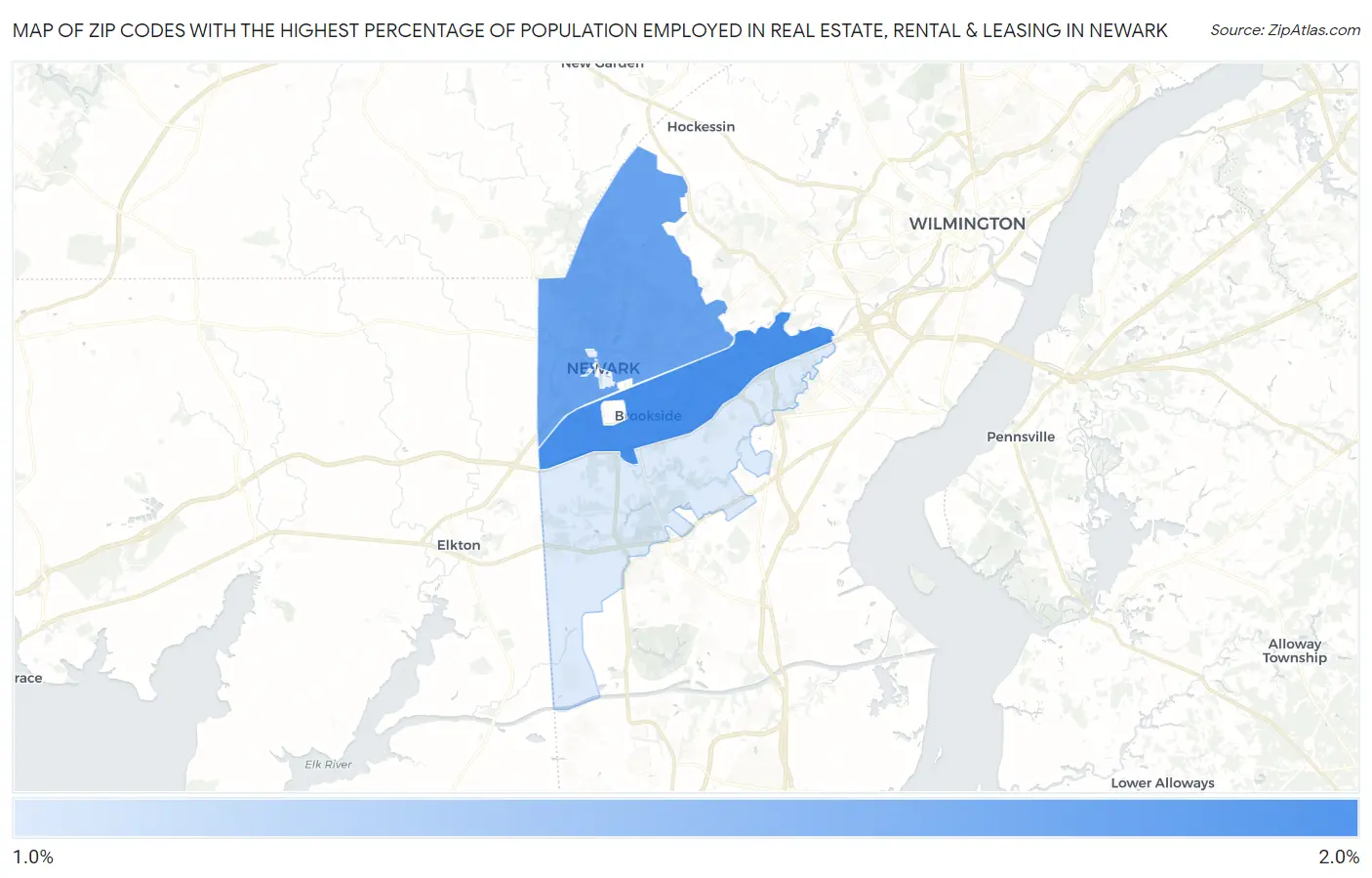 Zip Codes with the Highest Percentage of Population Employed in Real Estate, Rental & Leasing in Newark Map