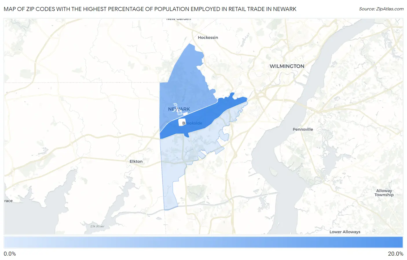Zip Codes with the Highest Percentage of Population Employed in Retail Trade in Newark Map