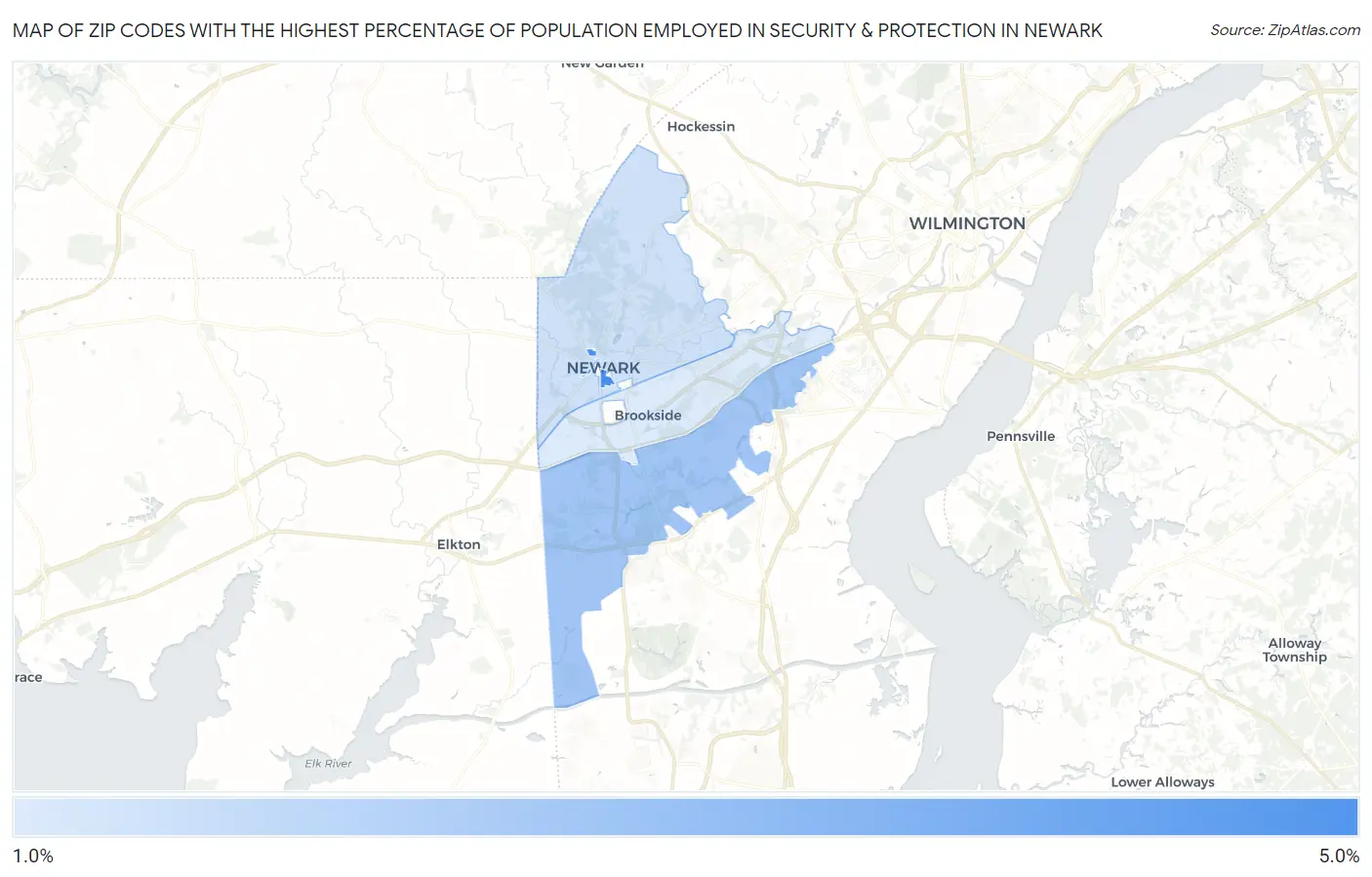 Zip Codes with the Highest Percentage of Population Employed in Security & Protection in Newark Map