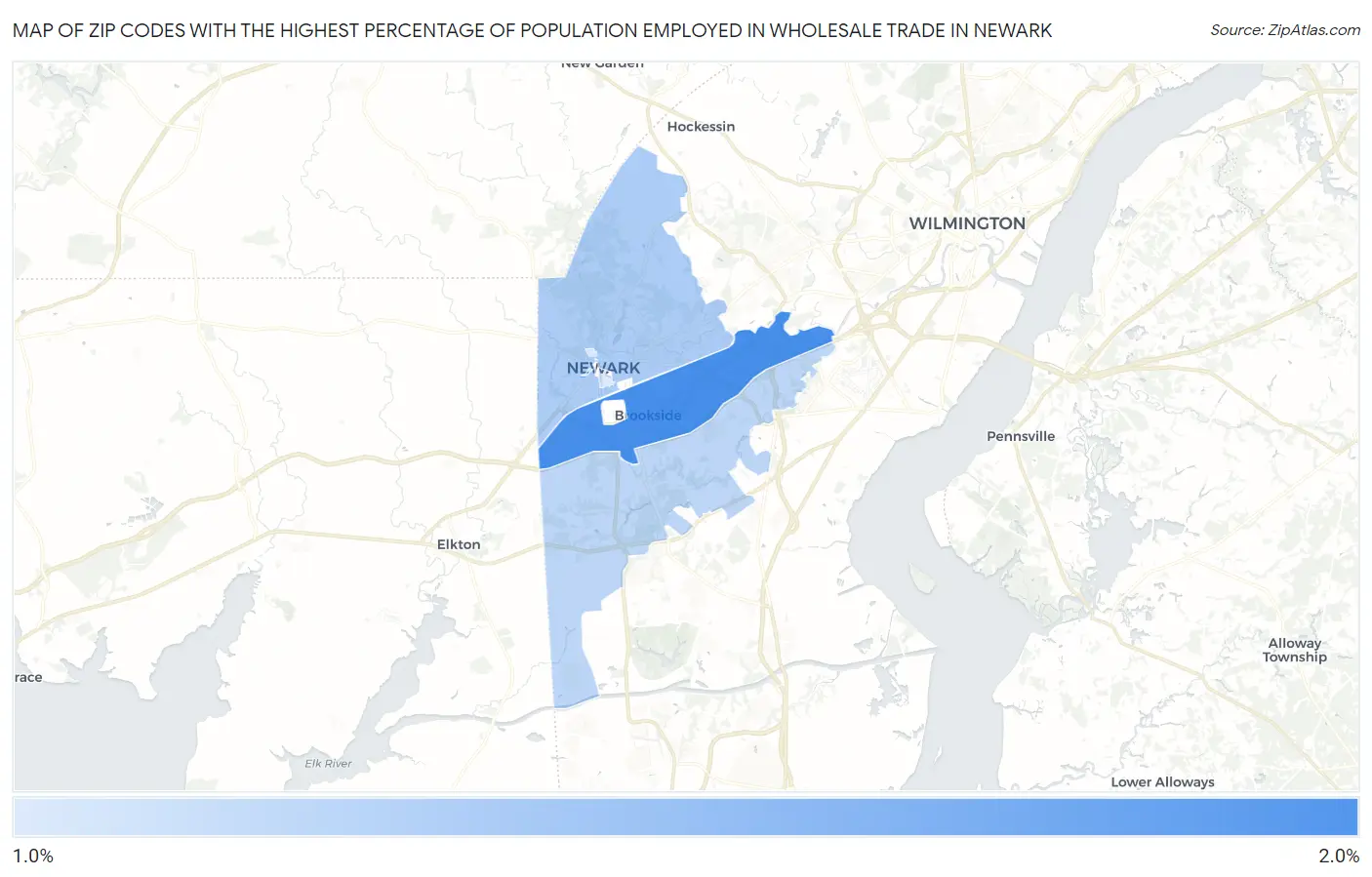 Zip Codes with the Highest Percentage of Population Employed in Wholesale Trade in Newark Map