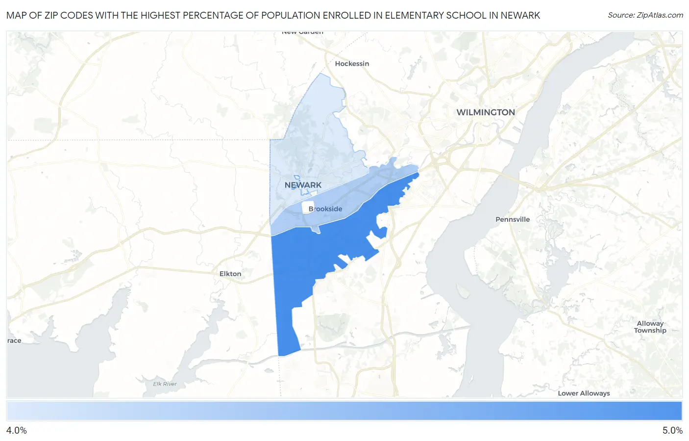 Zip Codes with the Highest Percentage of Population Enrolled in Elementary School in Newark Map