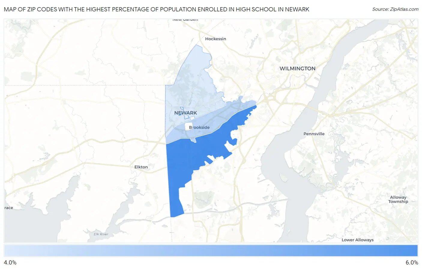Zip Codes with the Highest Percentage of Population Enrolled in High School in Newark Map