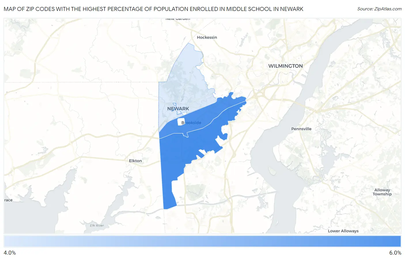 Zip Codes with the Highest Percentage of Population Enrolled in Middle School in Newark Map
