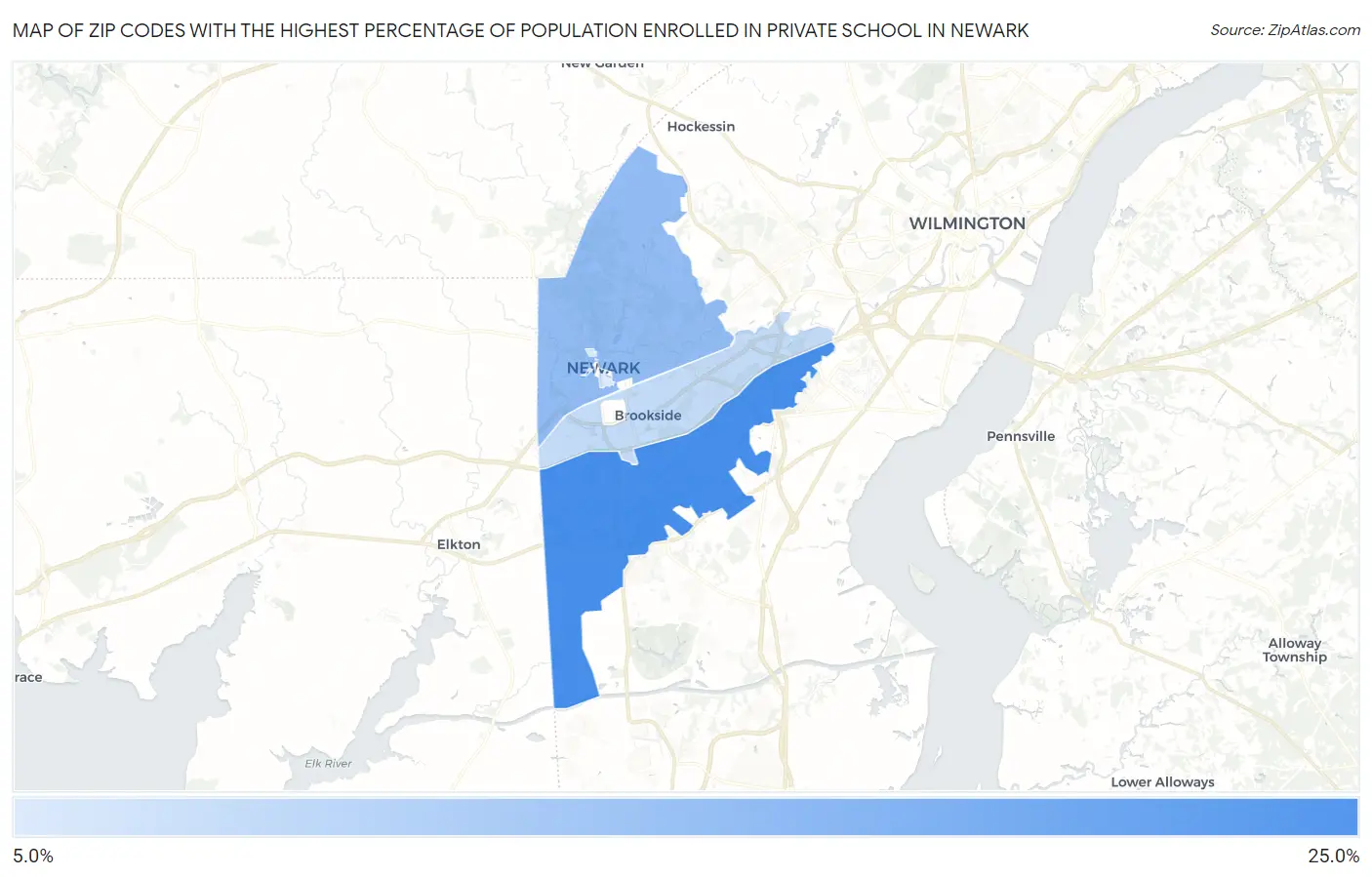 Zip Codes with the Highest Percentage of Population Enrolled in Private School in Newark Map