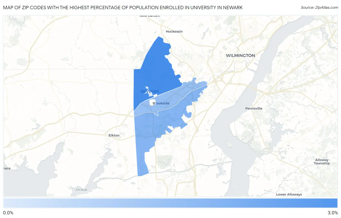 Zip Codes with the Highest Percentage of Population Enrolled in University in Newark Map