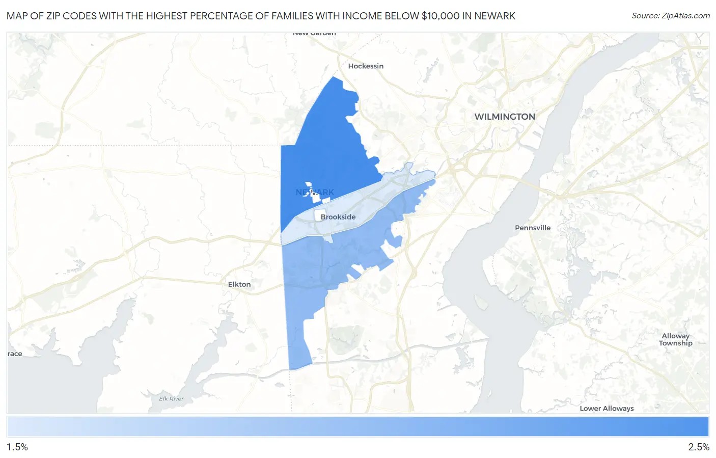 Zip Codes with the Highest Percentage of Families with Income Below $10,000 in Newark Map